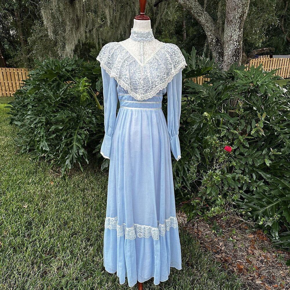 70s Candi Jones California Vintage Prairie Maxi Blue Lace High Neck Long 9